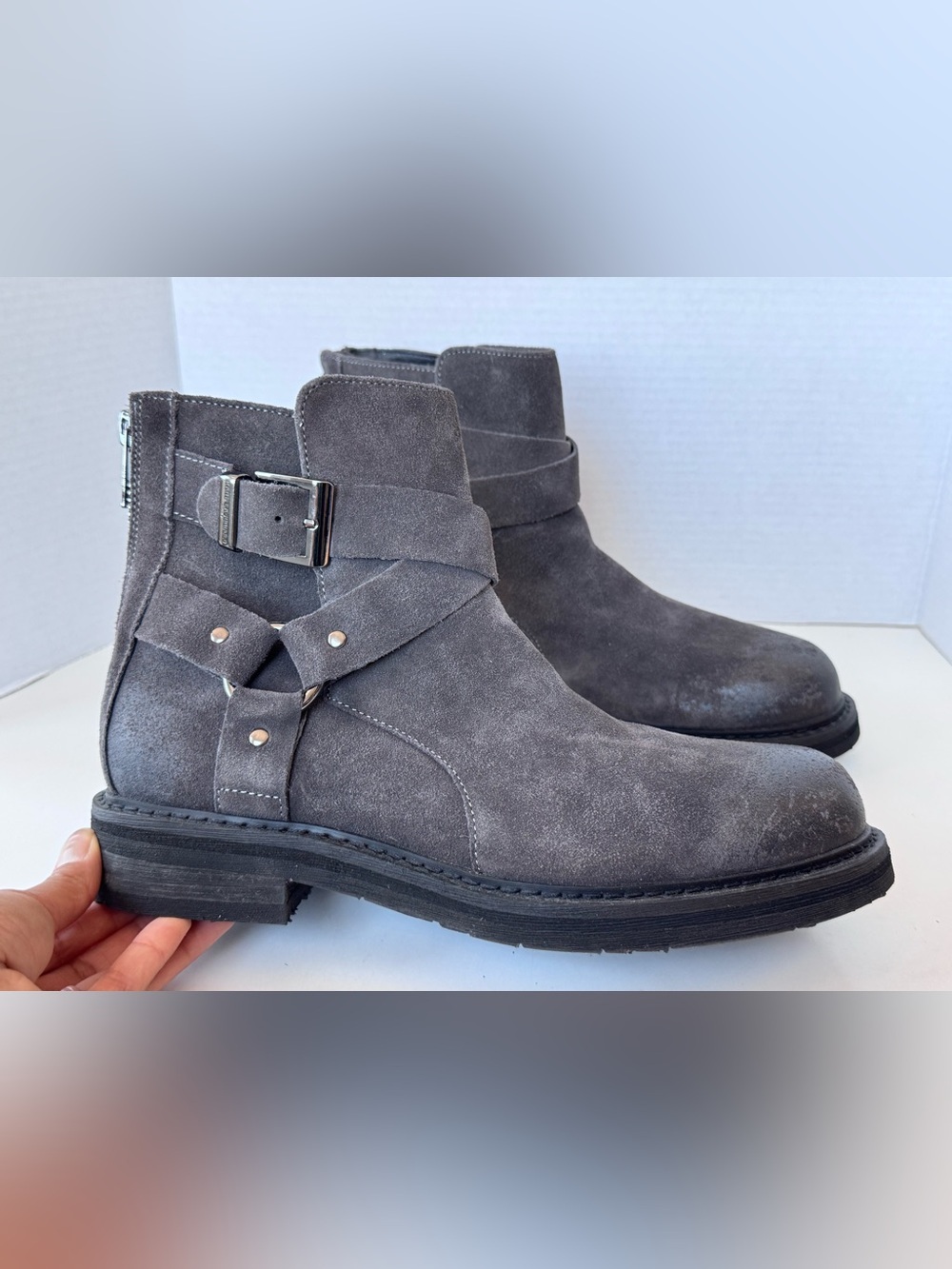 KARL LAGERFELD PARIS Grey Suede Leather Harness Moto Biker Style Boots Men's 9.5